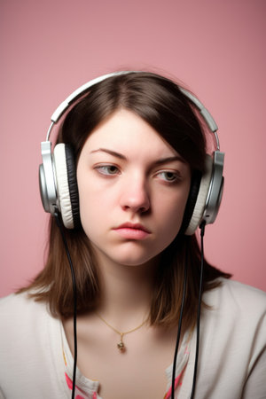 portrait of a young woman listening to music and looking discouragedの素材