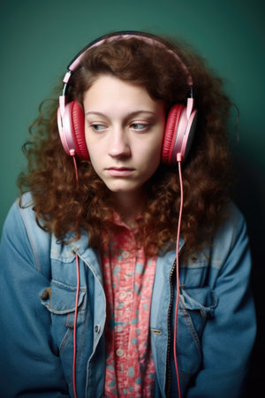 portrait of a young woman listening to music and looking discouragedの素材