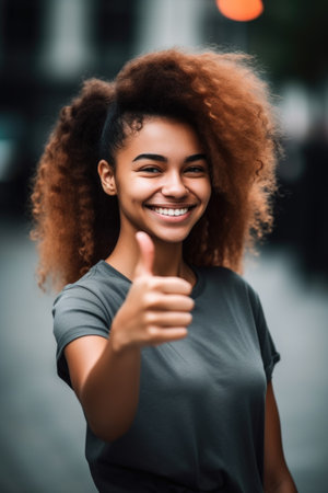 shot of a young woman showing thumbs up outsideの素材