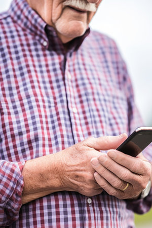 cropped shot of an elderly man using his phone outsideの素材