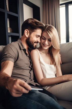 shot of a happy young couple sitting on the sofa and using a digital tabletの素材