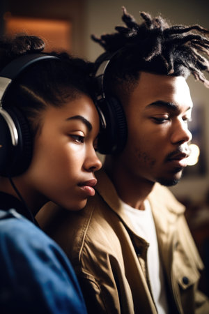 shot of a young couple listening to music together on headphonesの素材
