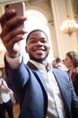 shot of a young man taking selfies at an eventの素材