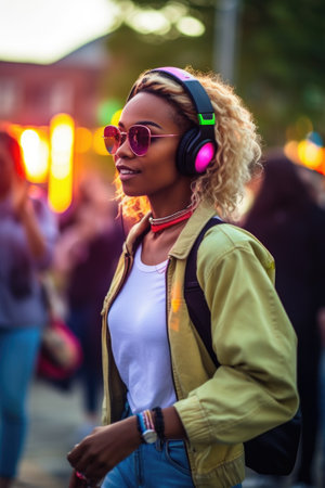shot of a young woman dancing at a silent discoの素材