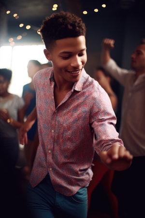 shot of a young man dancing at a partyの素材