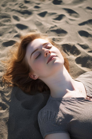 a young woman lying in the sand with her eyes closedの素材