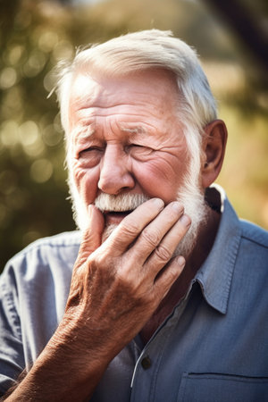shot of an older man touching his face while standing outdoorsの素材