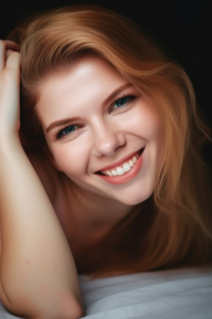 portrait of an attractive smiling woman lying downの素材