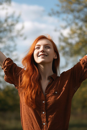 portrait of a young woman standing with her arms outstretched in the outdoorsの素材