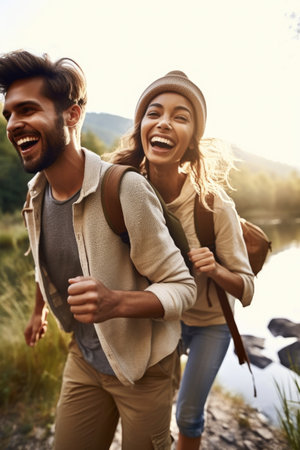 shot of a happy young couple enjoying an outdoor adventure togetherの素材