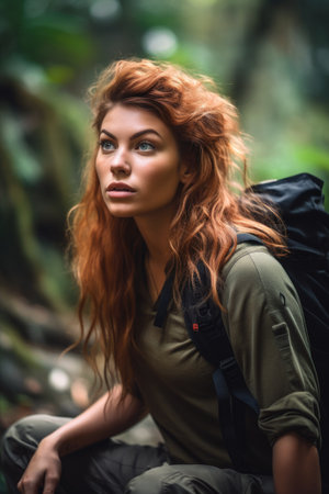 portrait of an attractive young woman taking a break while on a hike in the jungleの素材