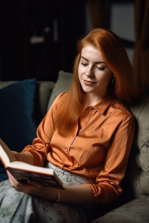 portrait of a happy young woman reading a book on the sofa at homeの素材