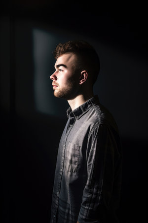 shot of a young man standing alone in the studioの素材