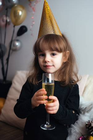 portrait of a little girl celebrating new years at homeの素材