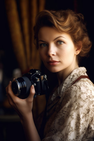 portrait of a woman taking pictures with her cameraの素材