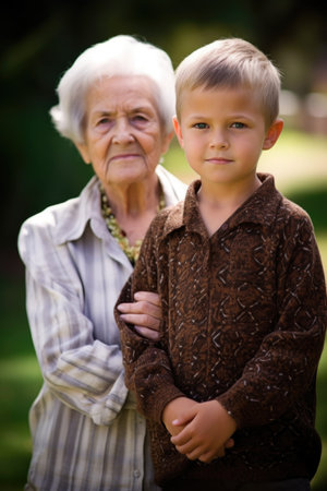 portrait of a young boy standing with his grandmother outsideの素材