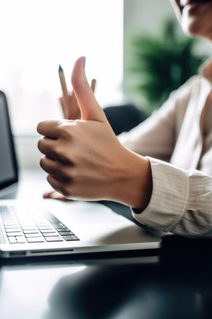 shot of an unrecognizable person showing thumbs up while working from homeの素材