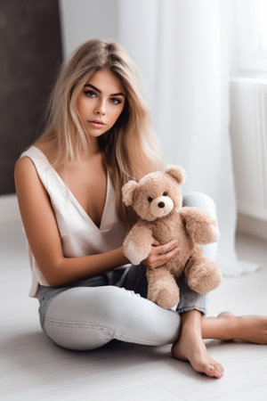 shot of an attractive young woman holding a teddy bear and sitting on the floorの素材