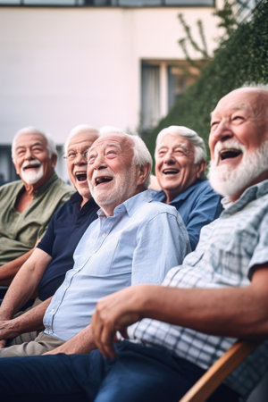 shot of a group of senior men having fun while watching a movie outdoorsの素材
