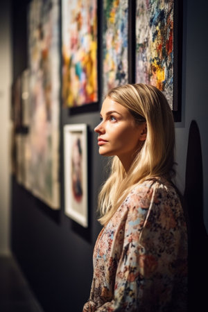 shot of a beautiful young woman looking at art on the wallの素材