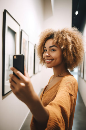 shot of a beautiful young woman taking selfies at an art galleryの素材