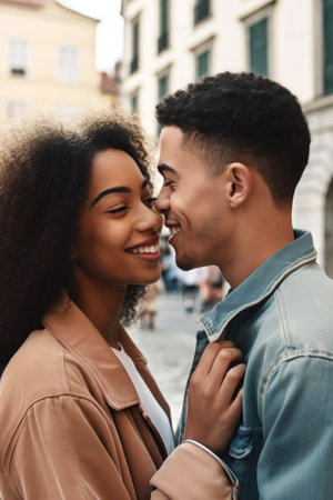 shot of an attractive young couple being affectionate while on a date through the cityの素材