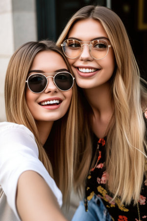 an attractive young woman taking a photo of her friend while they both wear trendy glassesの素材