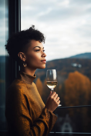 shot of a young woman admiring the view while enjoying a glass of champagne outdoorsの素材