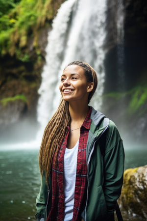 shot of a young woman standing in front of a waterfall during her holidayの素材