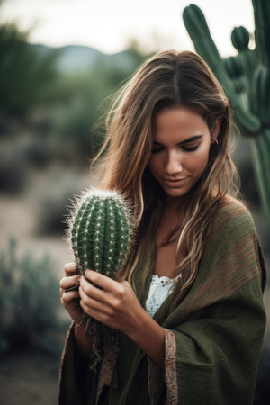 shot of an unrecognizable young woman holding a cactus in natureの素材