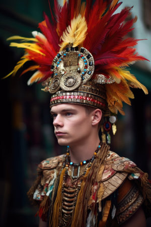 shot of a young man wearing an elaborate headdress while standing outsideの素材