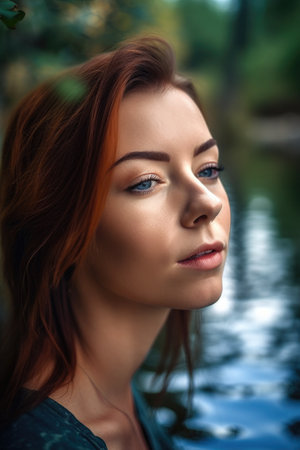 shot of a beautiful young woman in the outdoors looking at some water by her faceの素材