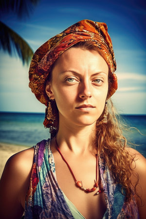 travel, beach and portrait of a woman in an exotic foreign country for vacation or backpacking tripの素材
