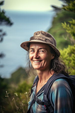 woman, nature and coastal forest hike portrait with happiness, freedom and summer for vacationの素材