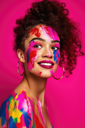 portrait of a young woman dressed as a star posing against blackの素材