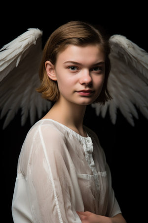 studio portrait of a young model standing against a black background and wearing angel wingsの素材