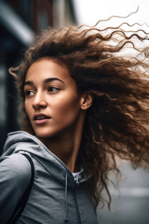 shot of a young woman feeling the breeze in her hair while out for a runの素材