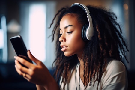 shot of a young woman wearing headphones and using a smart phone at homeの素材