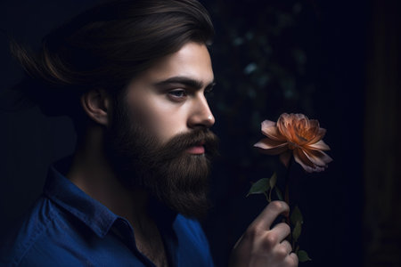 a stunning young man with a beard holding a flowerの素材
