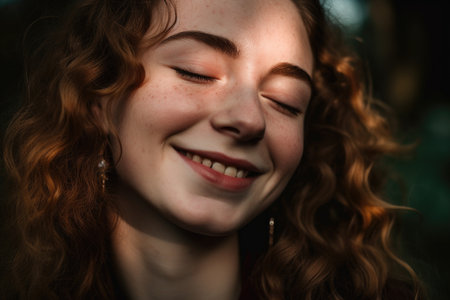 a beautiful young woman holding her brown eye closed and smilingの素材