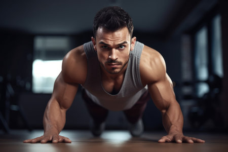 shot of a handsome young man working out on the floorの素材