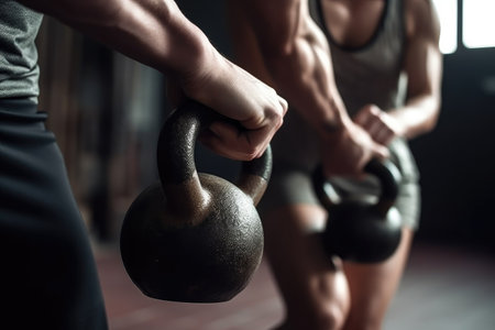cropped shot of two young people working out with a kettlebellの素材