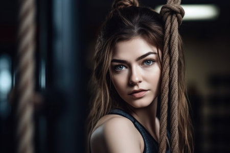 cropped portrait of a young attractive woman leaning on the ropes at the gymの素材