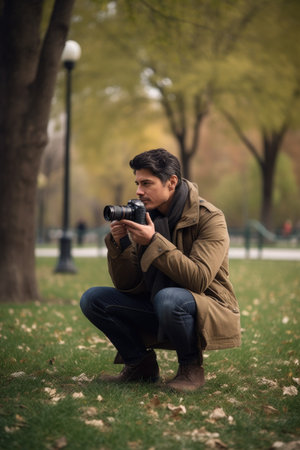 a handsome photographer taking pictures at a parkの素材