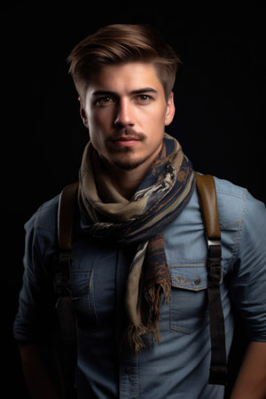 studio portrait of a handsome young photographer standing with his camera around his neckの素材