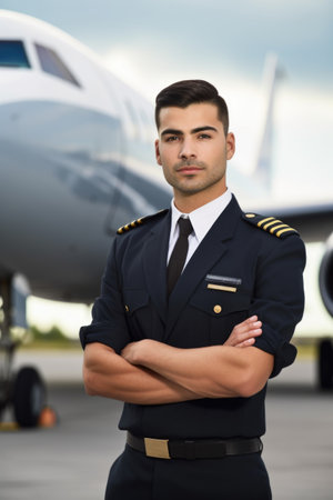 portrait of a handsome young male pilot standing in front of his airplaneの素材