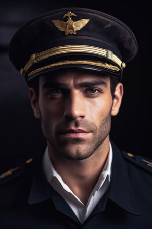 cropped portrait of a handsome pilot wearing his hatの素材