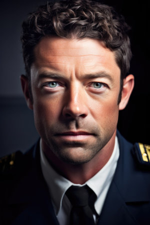 head and shoulders portrait of a handsome male pilotの素材