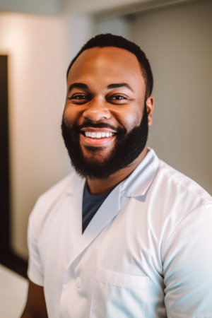 happy, smile and portrait of black man in clinic for medical insurance or healthcareの素材