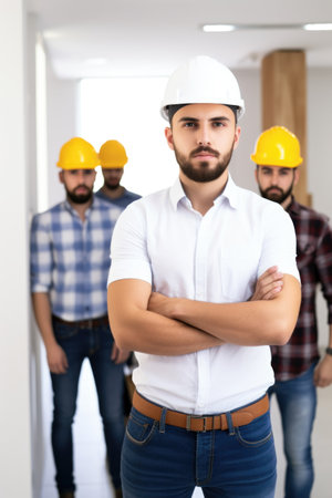 cropped shot of a young male contractor standing in front of his teamの素材
